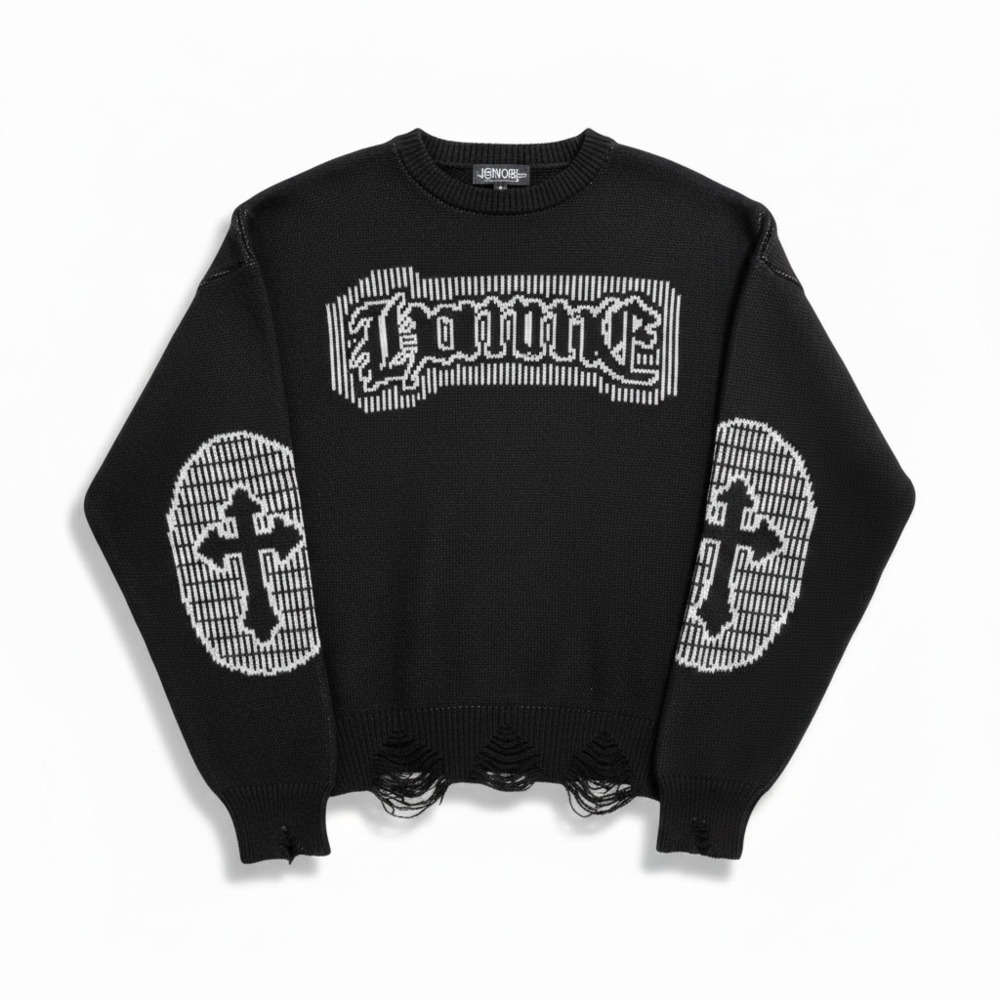 boohooMAN Distressed Cross Pattern Knitted Crew Neck Sweater